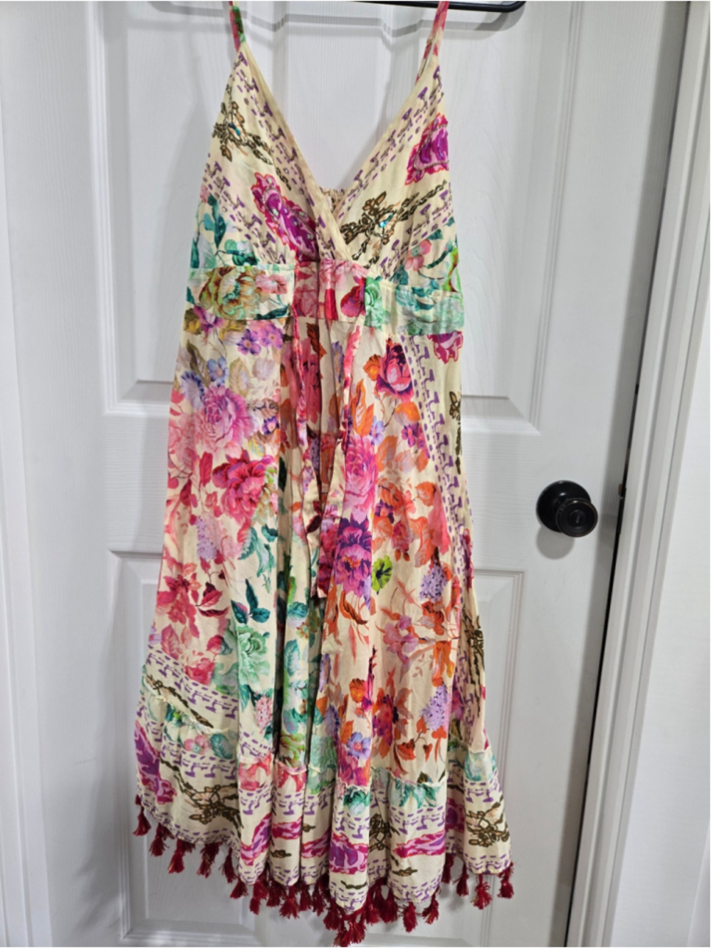 POL Floral Maxi Dress Women's Size S Beige Pink Embellished Tassel Hem